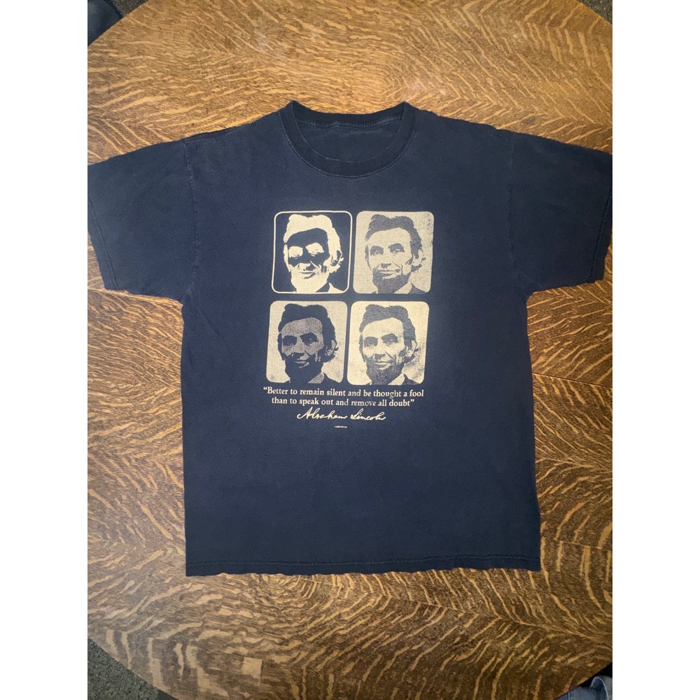 Y2K 2005 Abraham Lincoln Quote T-Shirt Faded Black Pop Art Portrait Grid Sz L